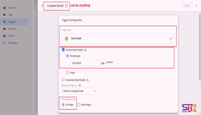 به Triggers بروید و پارامتر Custom Scroll اضافه کنید